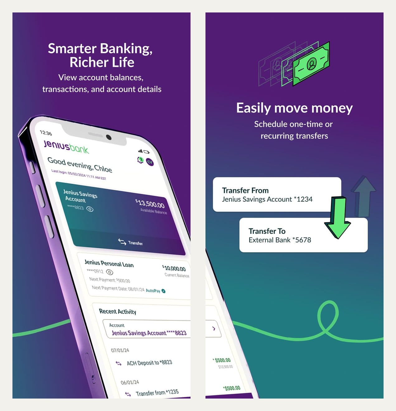 Two Jenius Bank App Store screenshots: a dashboard showing a Jenius Savings Account and a Jenius Personal Loan with recent ACH activity, and a transfer from Jenius Savings to an external bank.