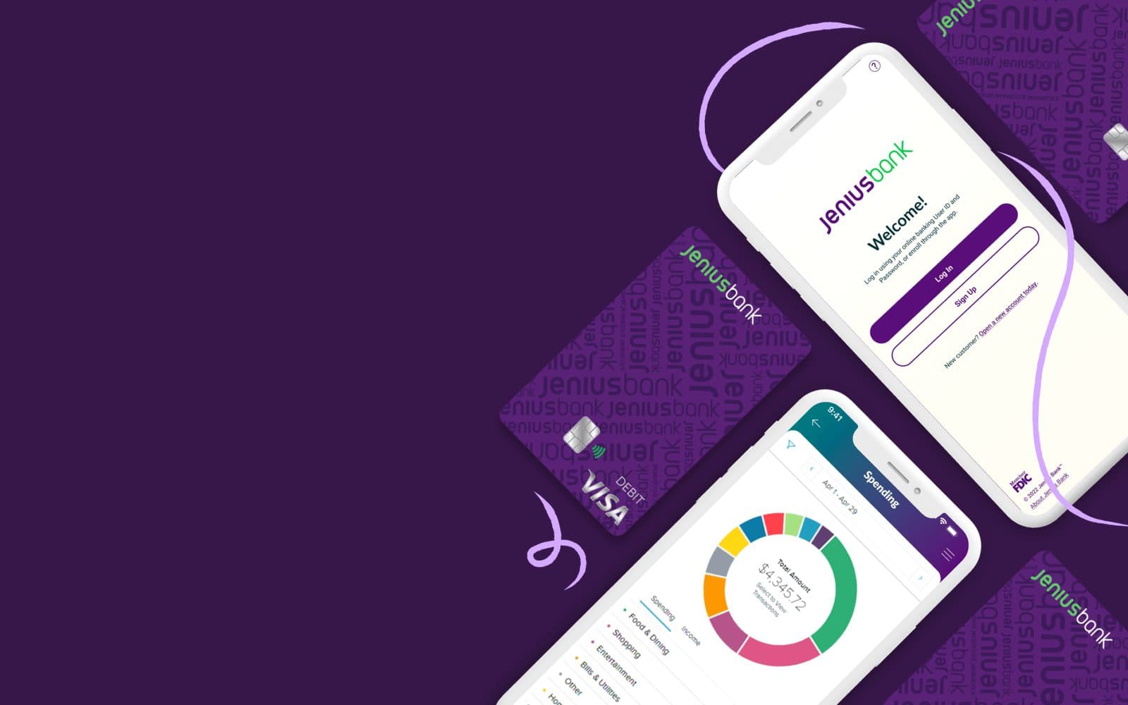 Jenius Bank's pre-launch homepage render: a purple debit card, a phone showing the Welcome screen with Log In and Sign Up, and a phone showing a spending breakdown chart.