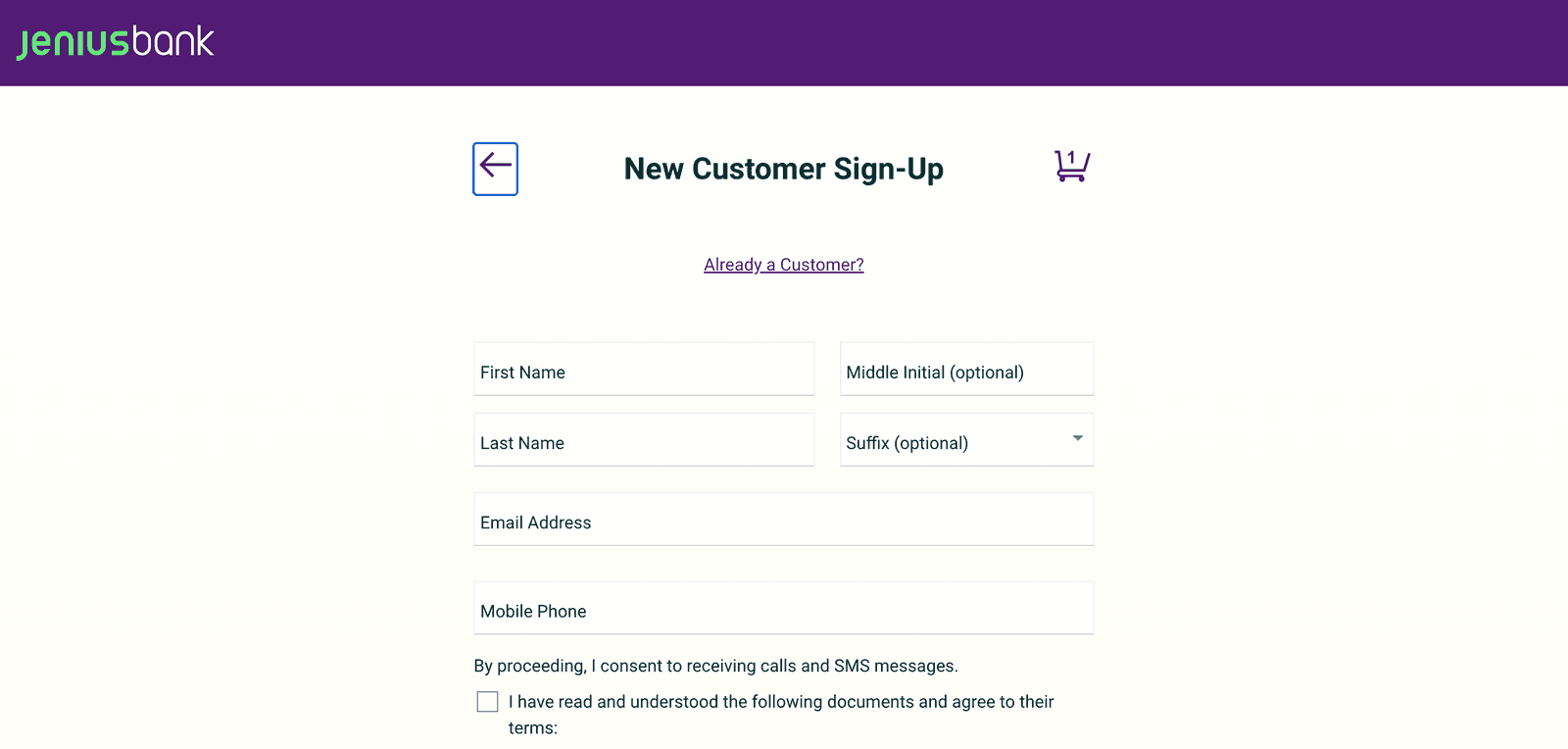 Jenius Bank's New Customer Sign-Up page: first name, middle initial, last name, suffix, email and mobile phone fields, a consent line for calls and SMS, and a checkbox to agree to the account documents.