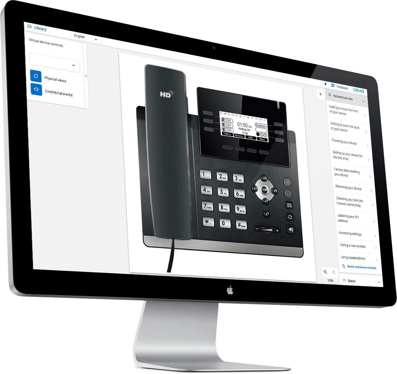 Ozmo's agent interface showing a virtual Yealink business desk phone with a directional pad and OK key, beside a list of related tutorials that includes first-time setup and factory reset.