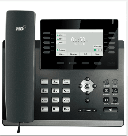 Close-up of a virtual Yealink desk phone: a colour display with labelled soft keys beneath it, and a directional pad around a central OK key.