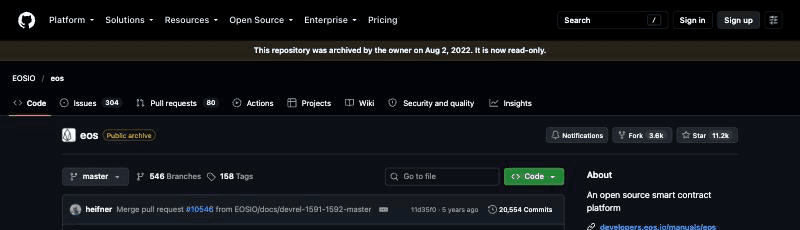GitHub page for the EOSIO/eos repository, showing a banner reading 'This repository was archived by the owner on Aug 2, 2022. It is read-only' and a 'Public archive' label.