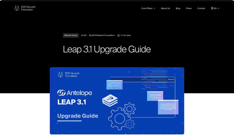 EOS Network Foundation blog post titled 'Leap 3.1 Upgrade Guide', tagged Mandel Series, with an Antelope Leap 3.1 Upgrade Guide cover graphic.
