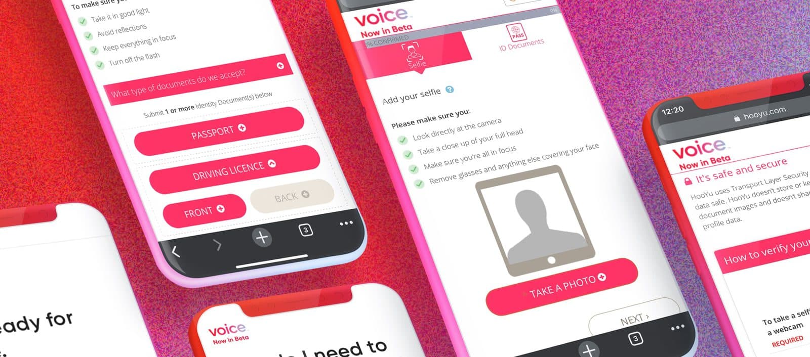 Voice app screens for identity verification: choosing an ID type such as passport or driving licence, taking a photo, and guidance on how to verify.