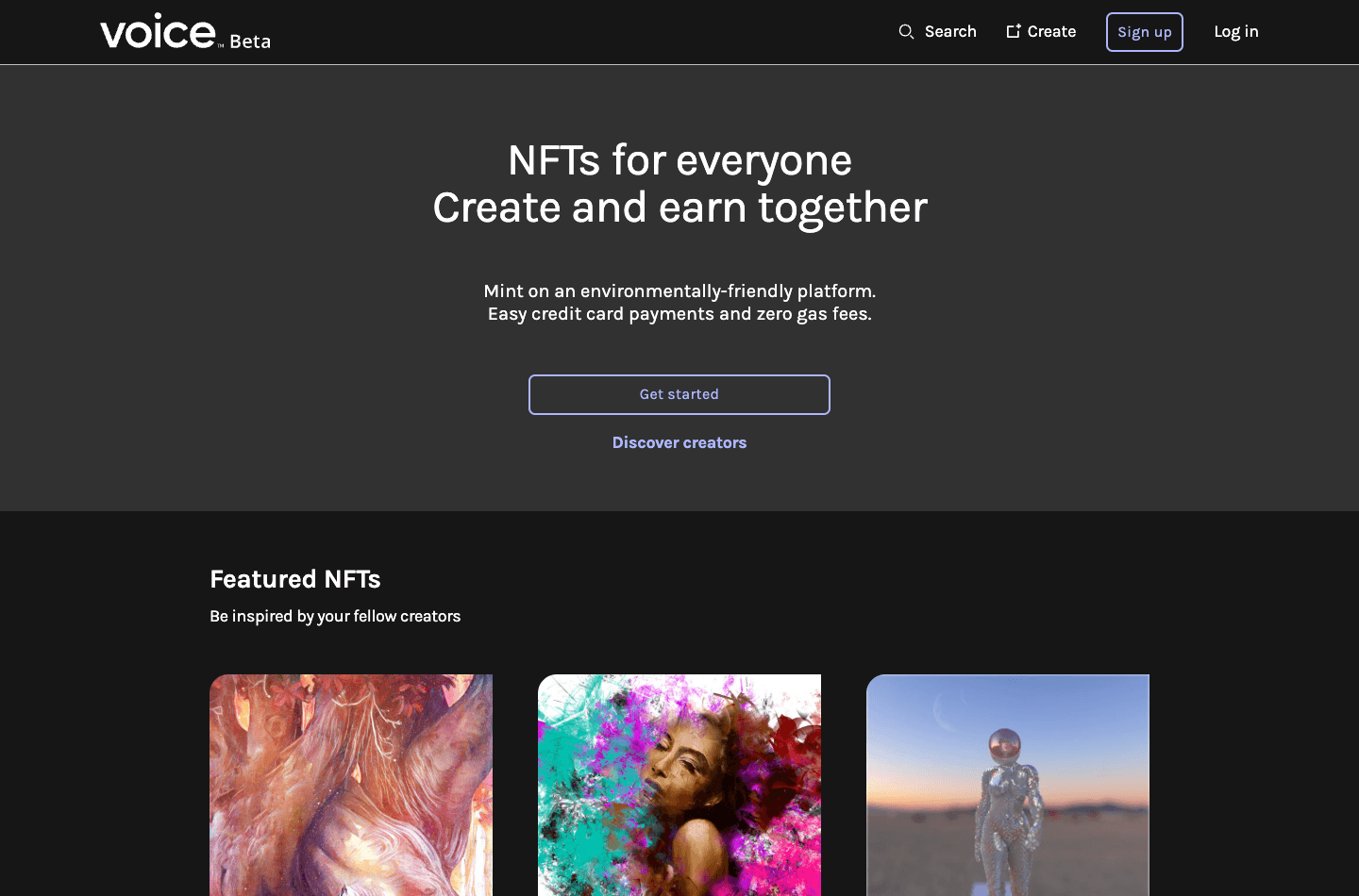 The voice.com homepage after the pivot: 'NFTs for everyone. Create and earn together', with a line about minting on an environmentally friendly platform with card payments and zero gas fees, and a row of featured NFTs.