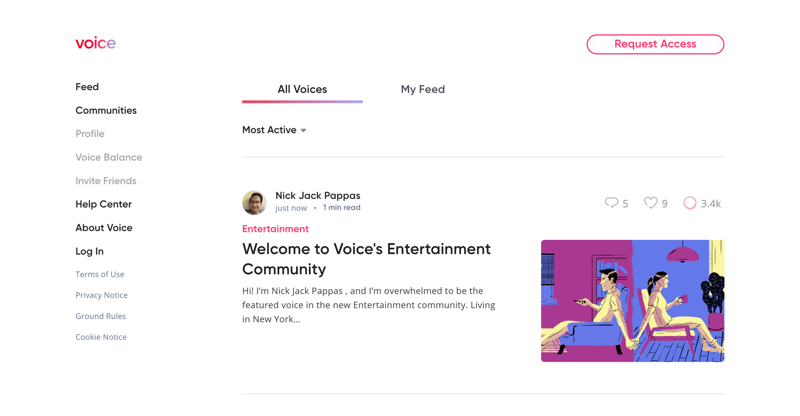 The Voice web app: a left navigation with Feed, Communities, Profile and Voice Balance, and a feed of posts tagged Entertainment, each with comment, like and Voice-token counts.
